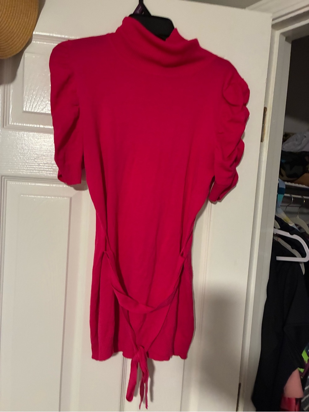 Iz Byer Bright Pink Mock Neck Short Sleeve Top with Back Tie